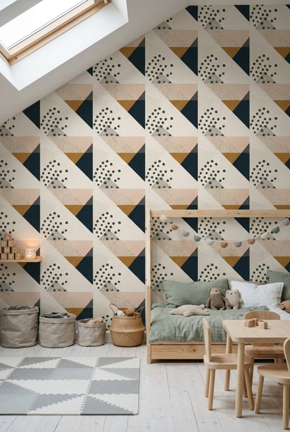 Geometrik Desenli Duvar Kağıdı Lacivert Hardal Modern Salon