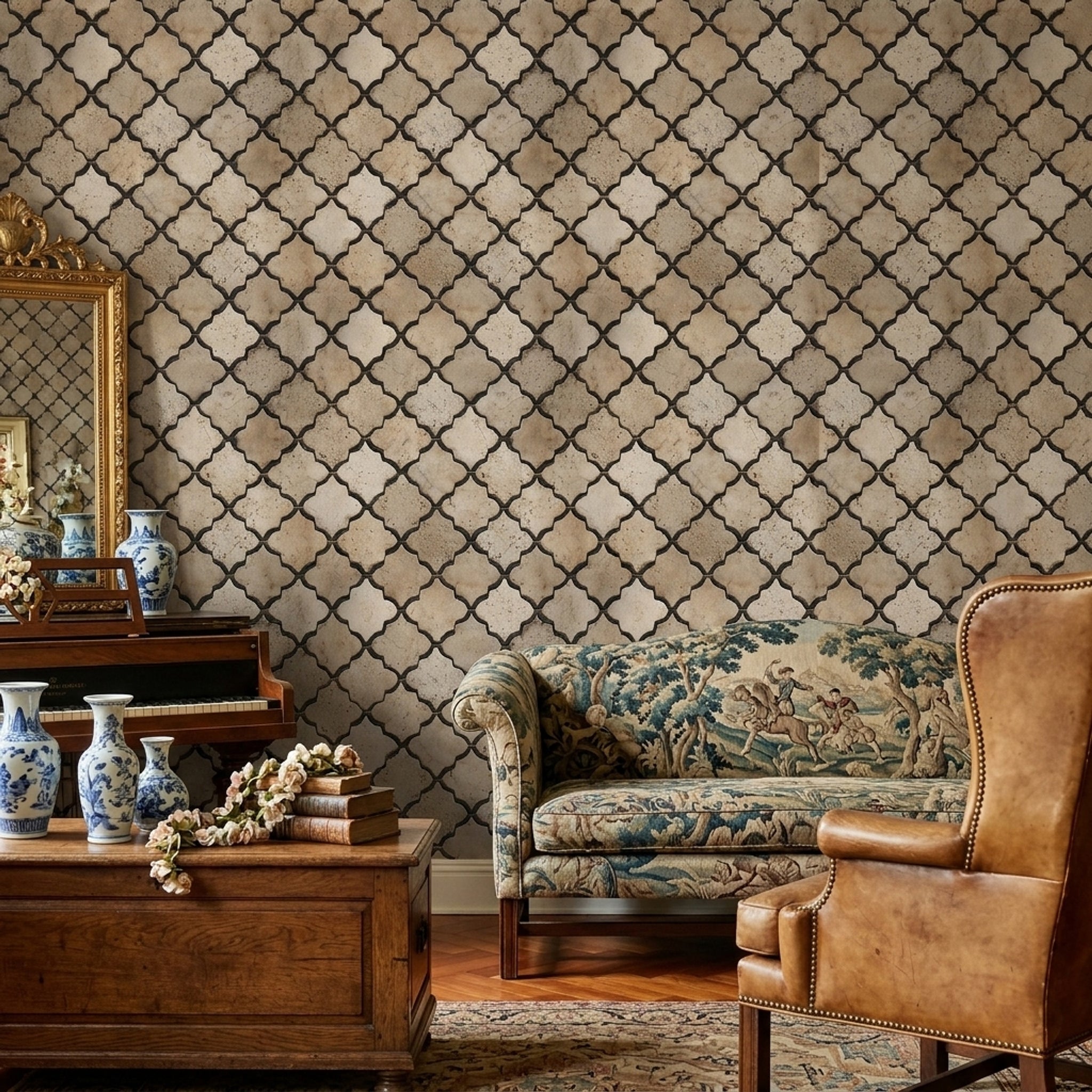 Fas Esintili Geometrik Duvar Kağıdı Bej Siyah Salon