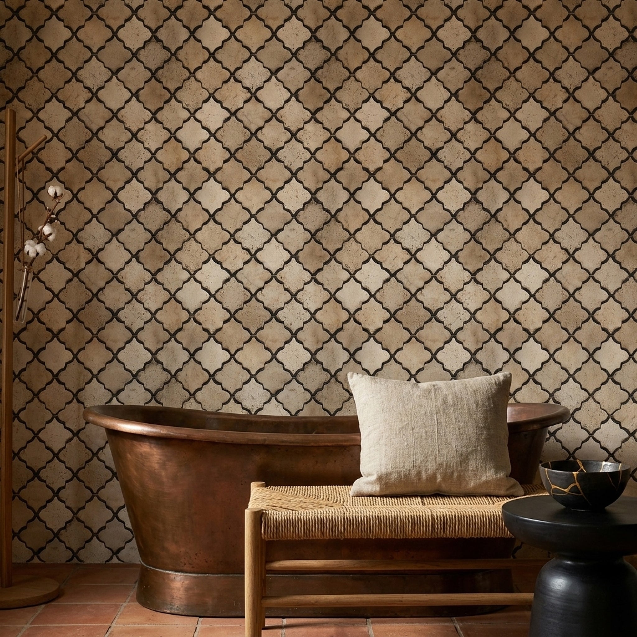 Fas Esintili Geometrik Duvar Kağıdı Bej Siyah Salon