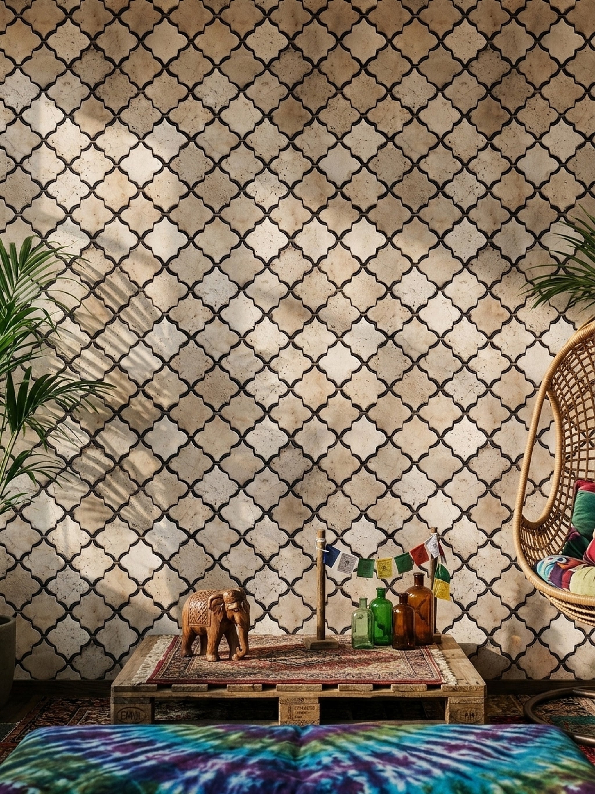 Fas Esintili Geometrik Duvar Kağıdı Bej Siyah Salon