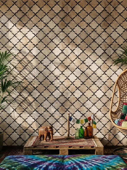 Fas Esintili Geometrik Duvar Kağıdı Bej Siyah Salon