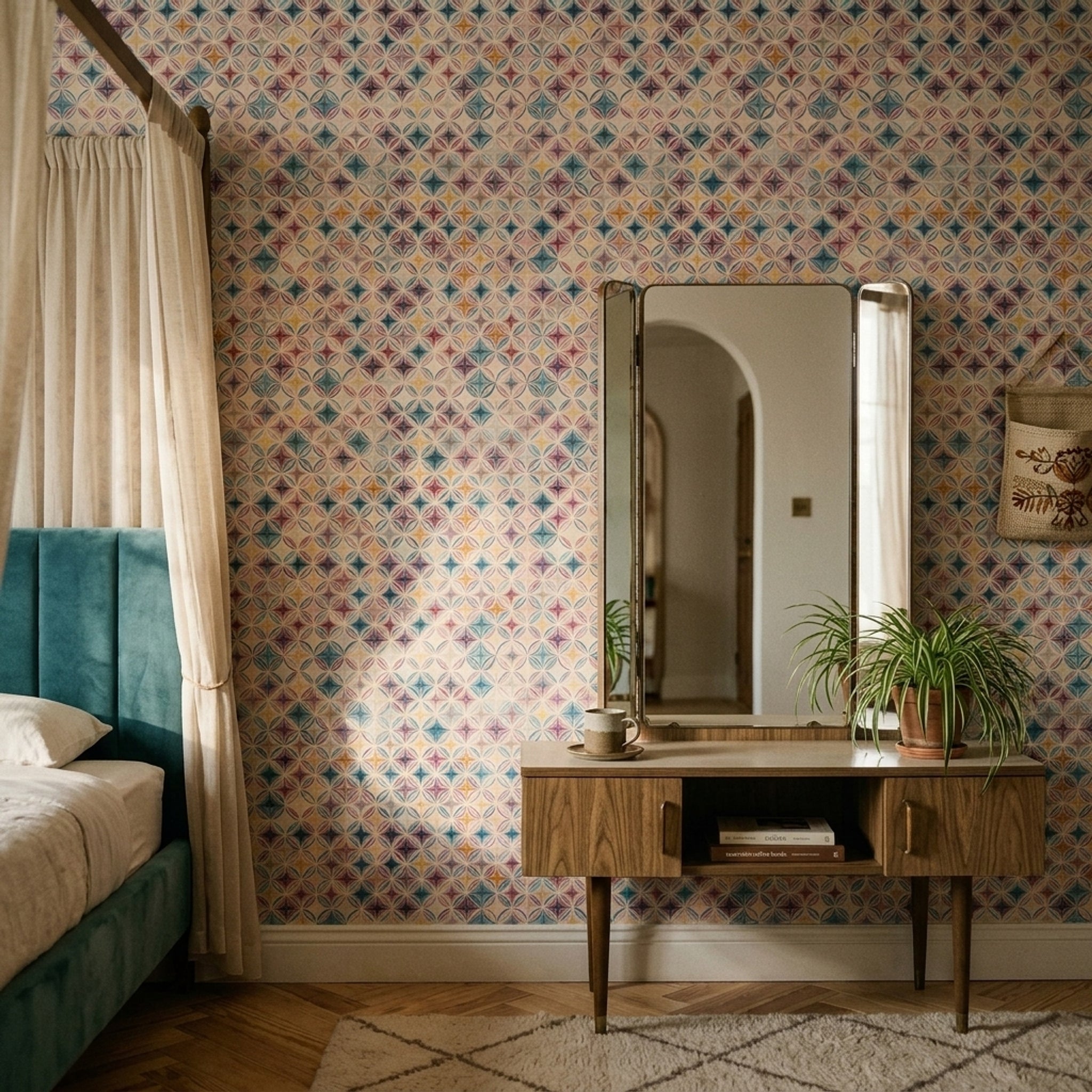 Geometrik Çini Desenli Duvar Kağıdı Pastel Renkli Salon