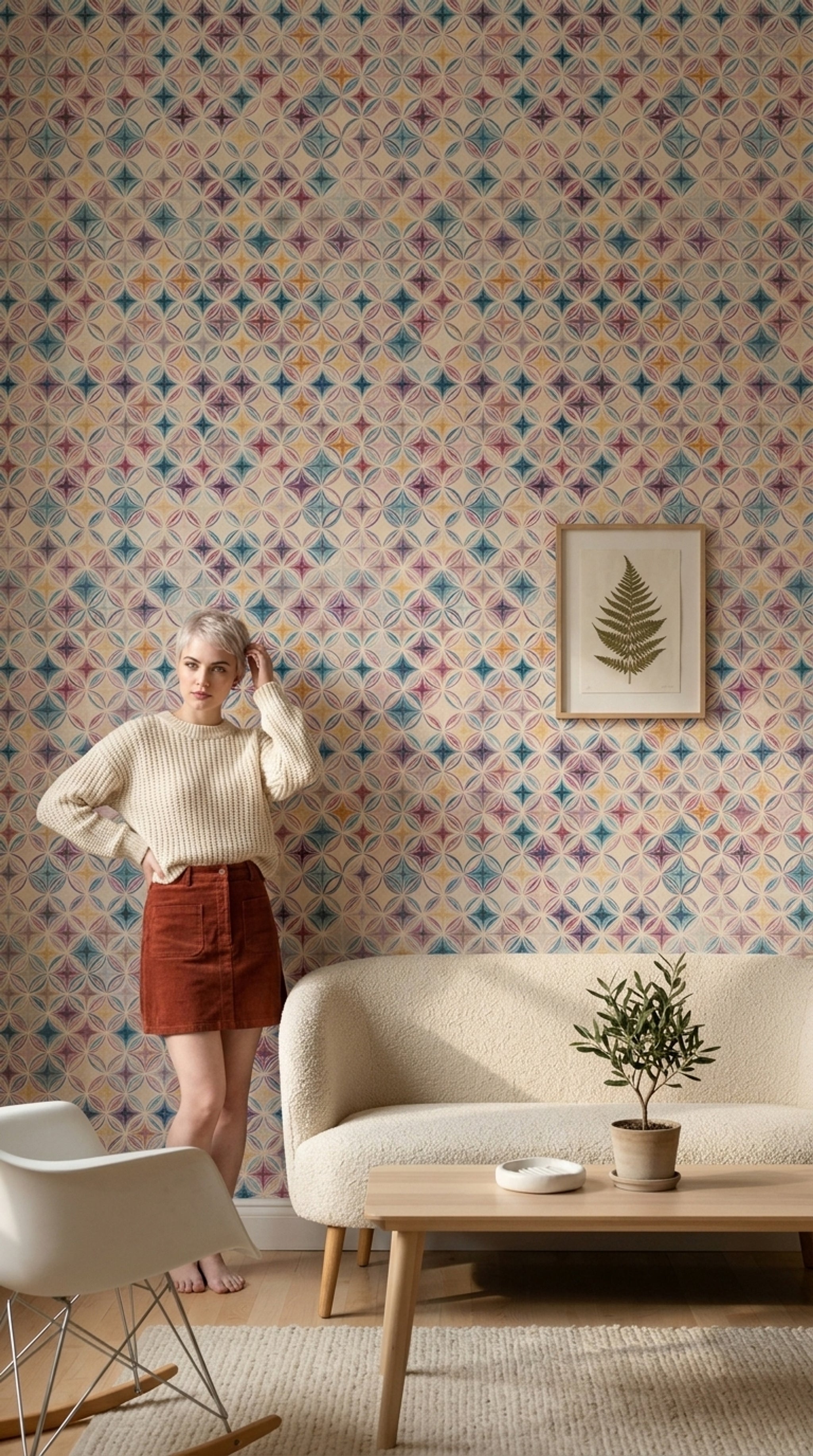 Geometrik Çini Desenli Duvar Kağıdı Pastel Renkli Salon
