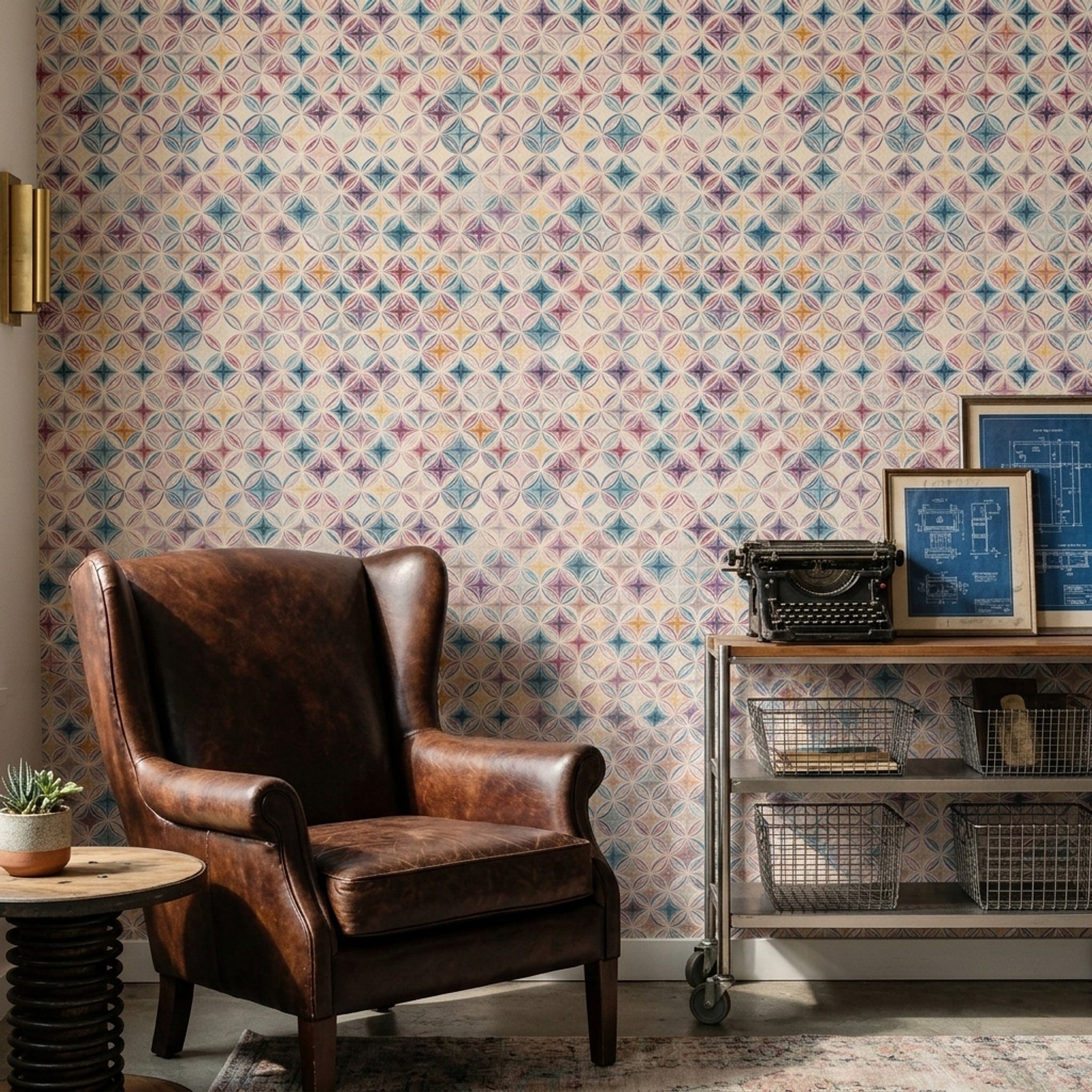 Geometrik Çini Desenli Duvar Kağıdı Pastel Renkli Salon