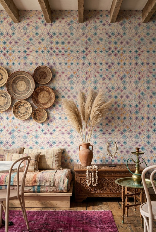 Geometrik Çini Desenli Duvar Kağıdı Pastel Renkli Salon