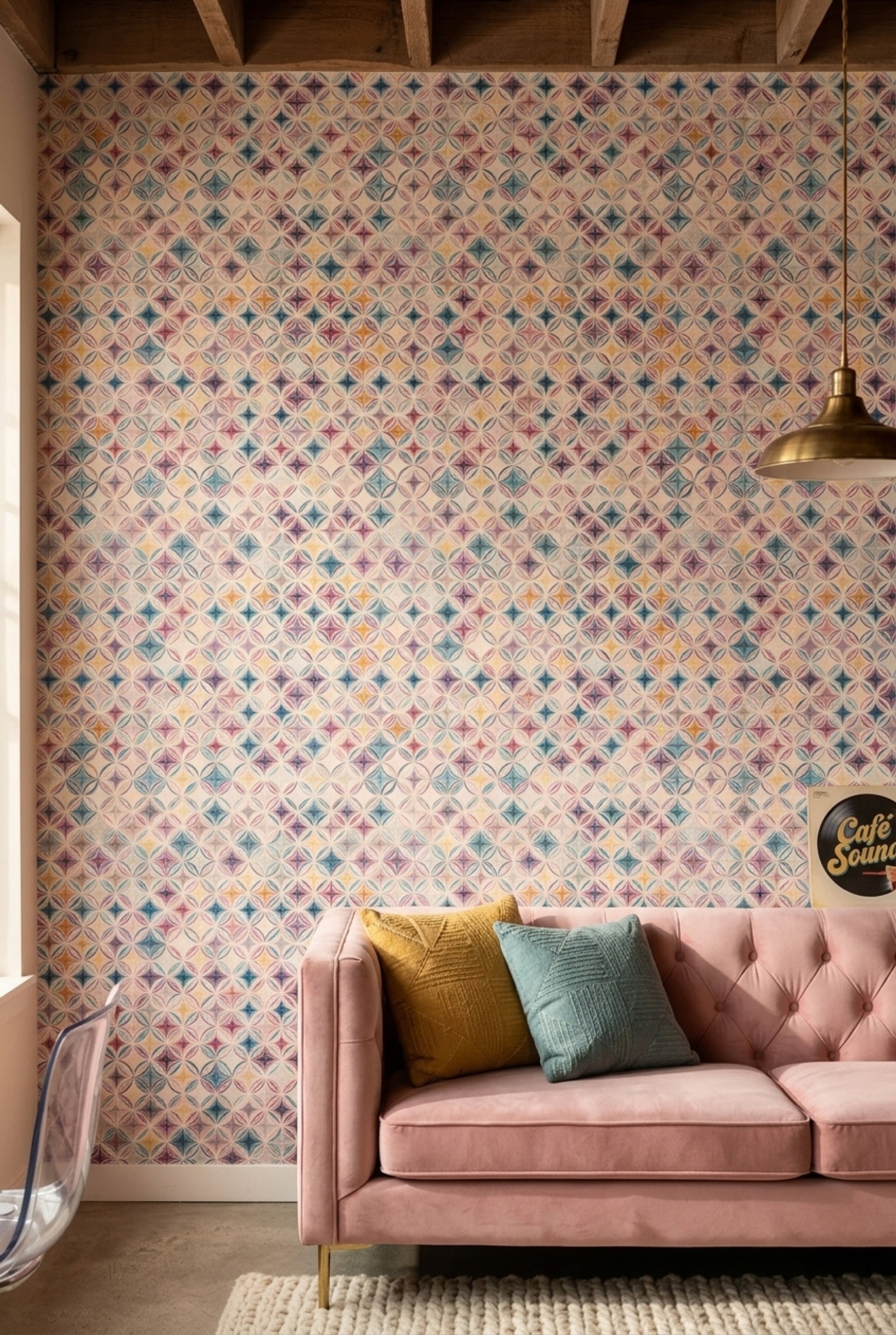 Geometrik Çini Desenli Duvar Kağıdı Pastel Renkli Salon