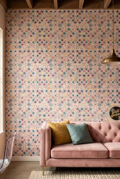 Geometrik Çini Desenli Duvar Kağıdı Pastel Renkli Salon
