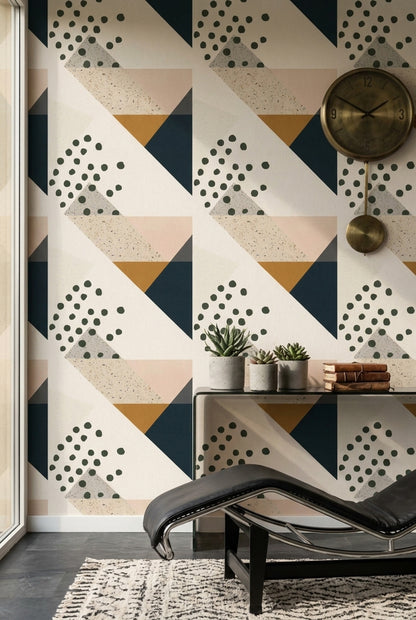 Geometrik Desenli Duvar Kağıdı Lacivert Hardal Modern Salon