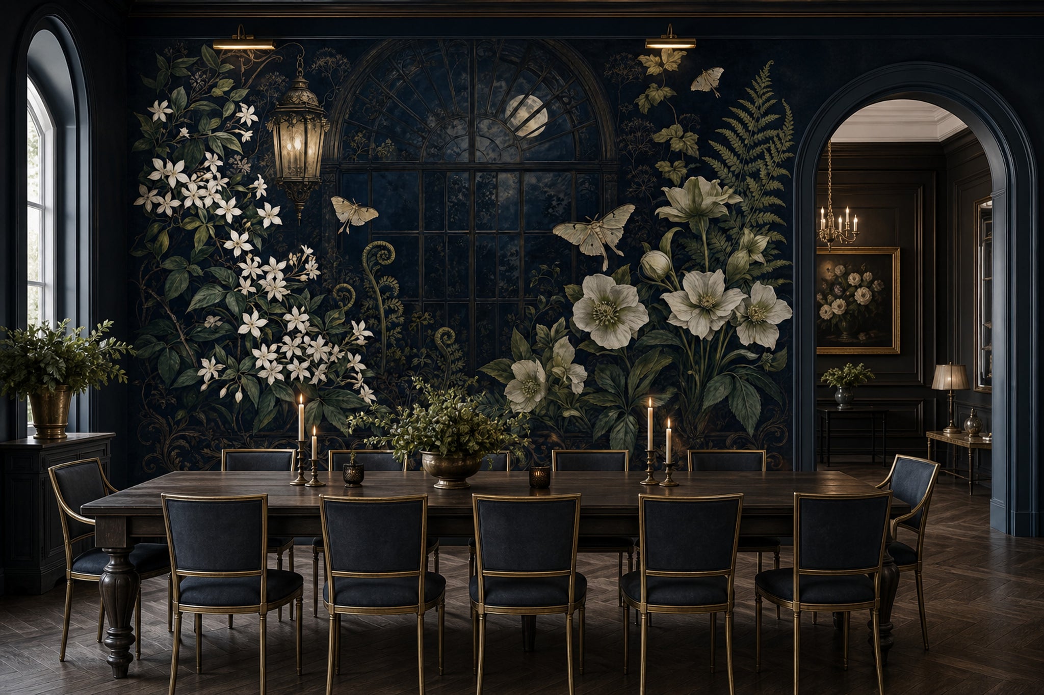 Koyu Botanik Çiçekli Poster Duvar Kağıdı Lacivert Salon
