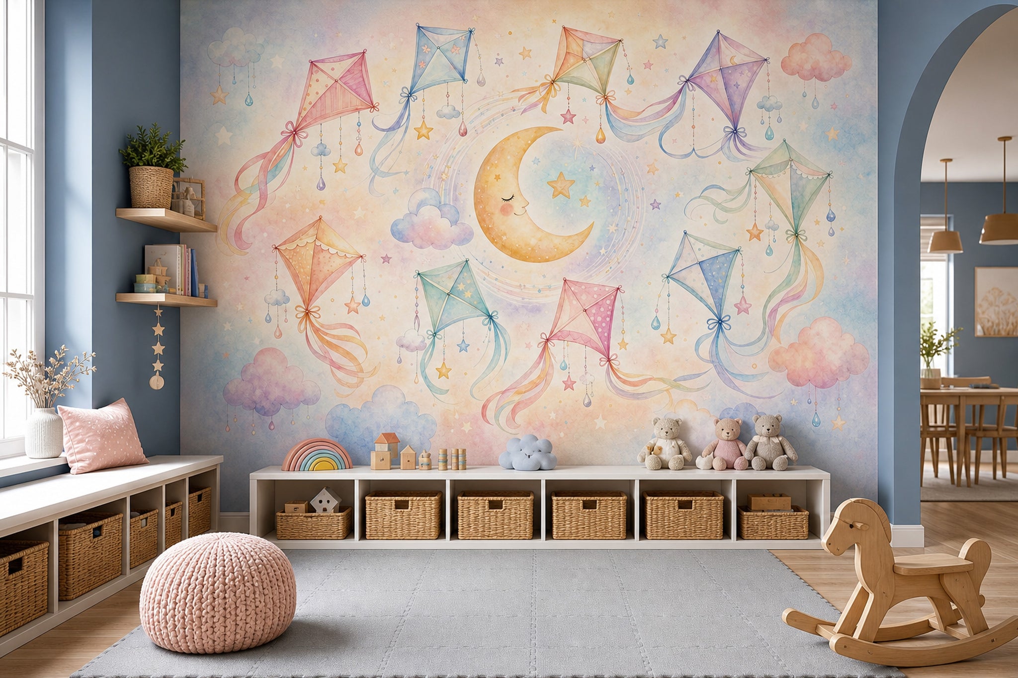 Uçurtma ve Ay Desenli Poster Duvar Kağıdı Pastel Çocuk Odası