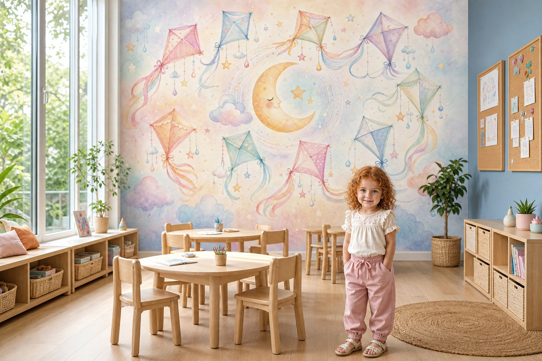 Uçurtma ve Ay Desenli Poster Duvar Kağıdı Pastel Çocuk Odası