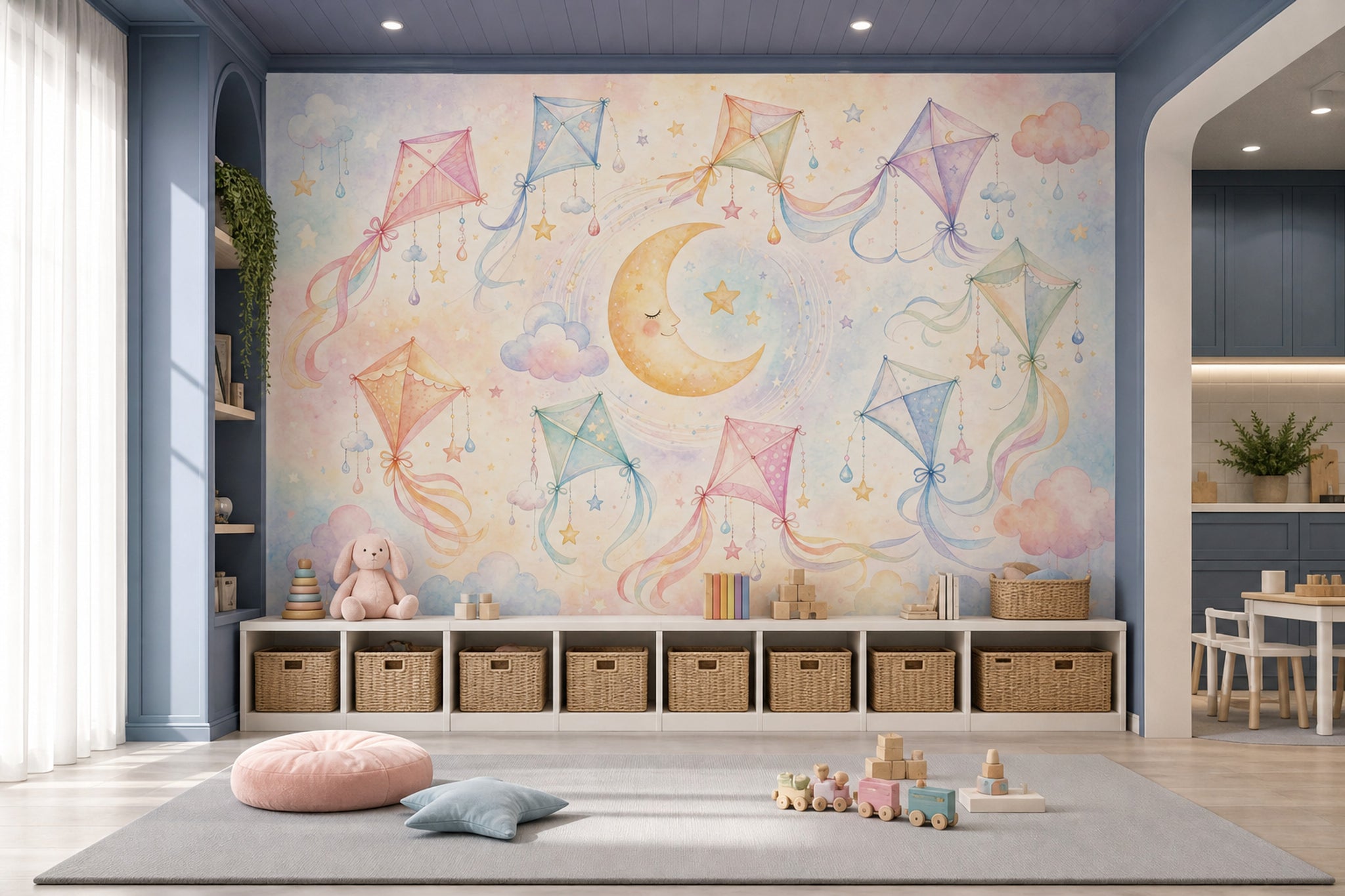 Uçurtma ve Ay Desenli Poster Duvar Kağıdı Pastel Çocuk Odası