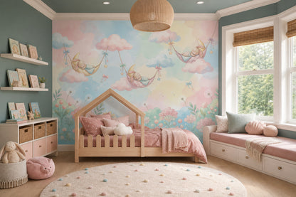 Uyuyan Tavşanlı Bulutlu Poster Duvar Kağıdı Pastel Bebek Odası