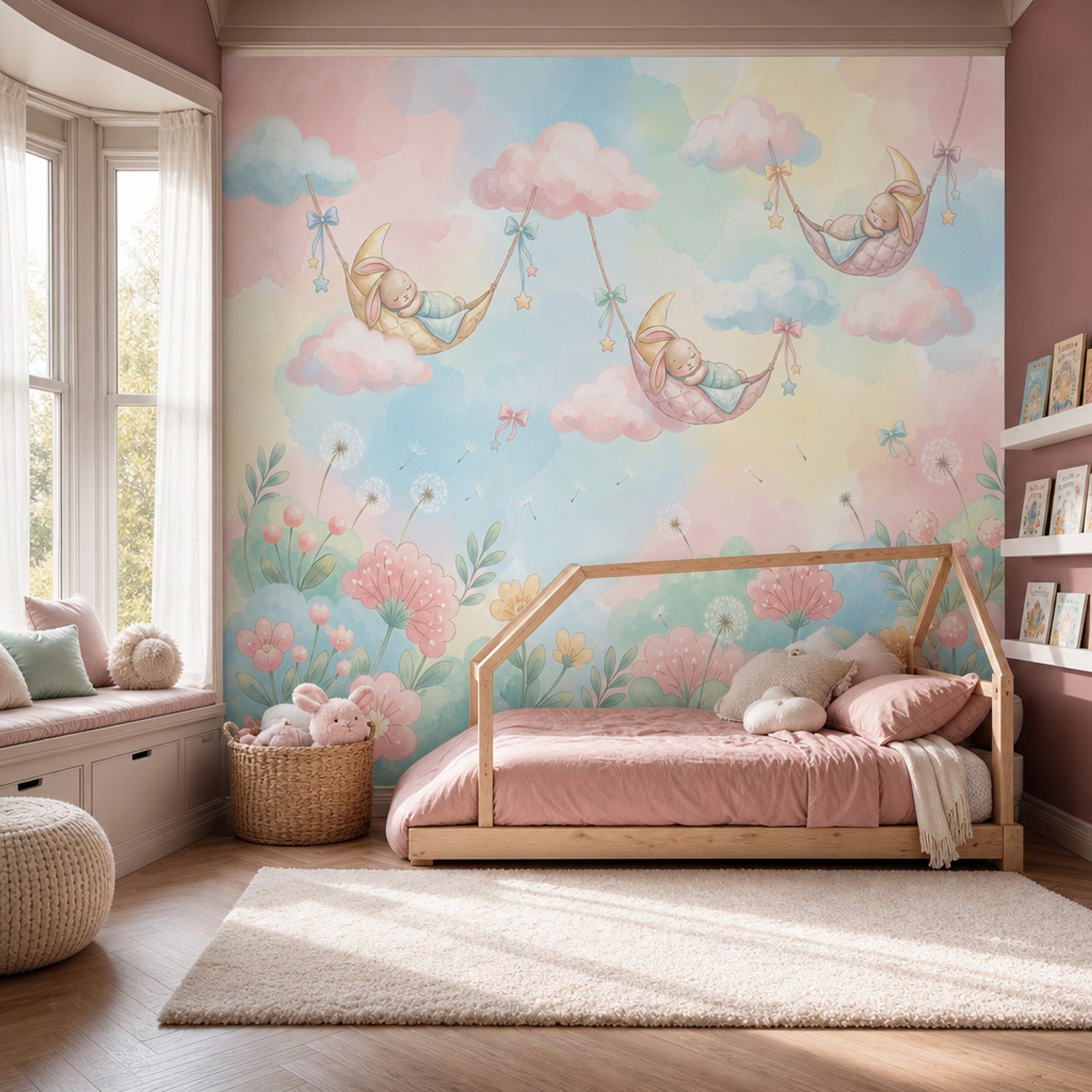 Uyuyan Tavşanlı Bulutlu Poster Duvar Kağıdı Pastel Bebek Odası