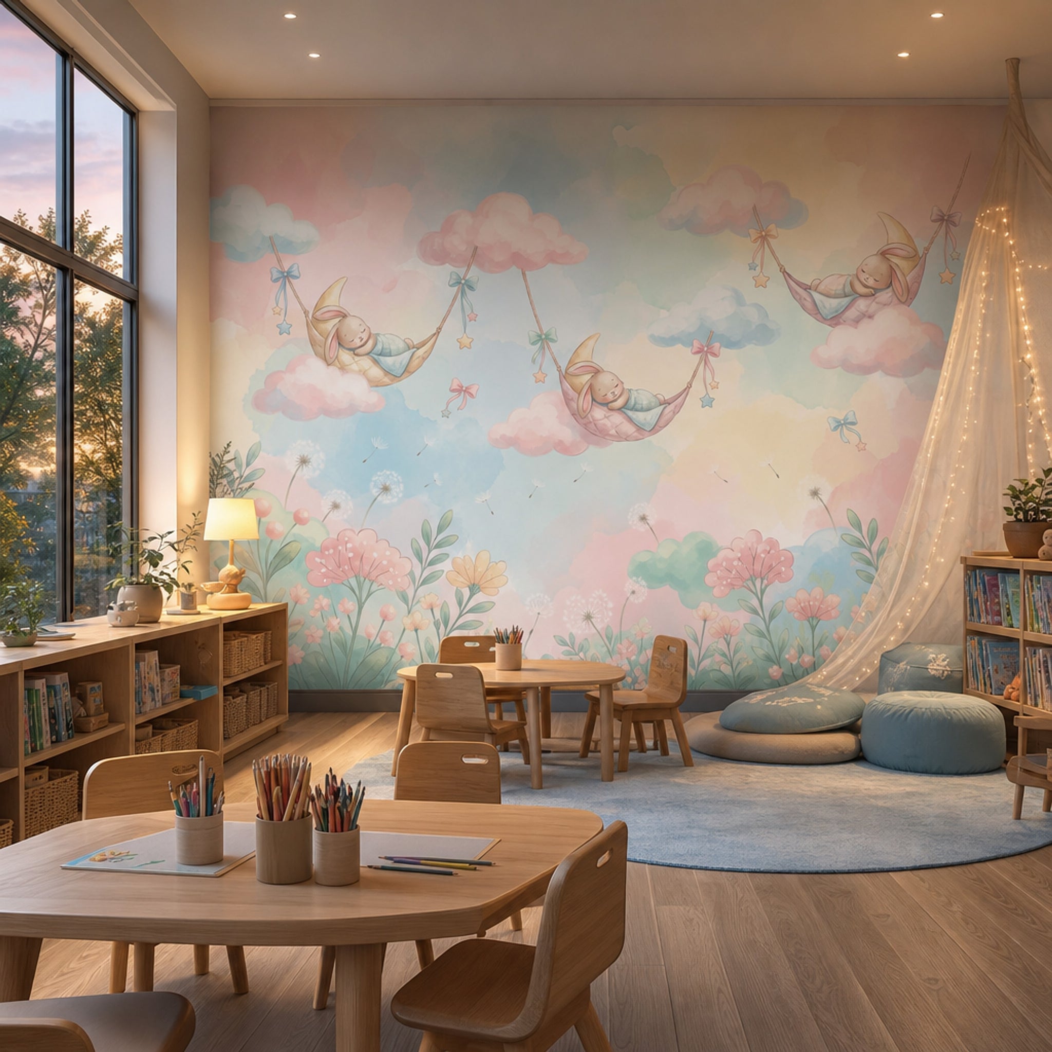 Uyuyan Tavşanlı Bulutlu Poster Duvar Kağıdı Pastel Bebek Odası