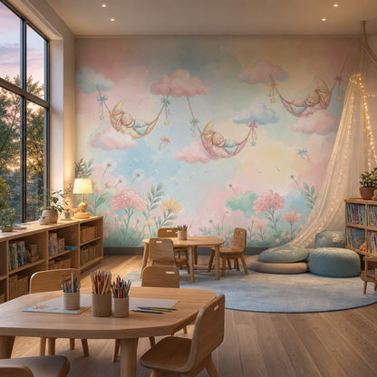 Uyuyan Tavşanlı Bulutlu Poster Duvar Kağıdı Pastel Bebek Odası