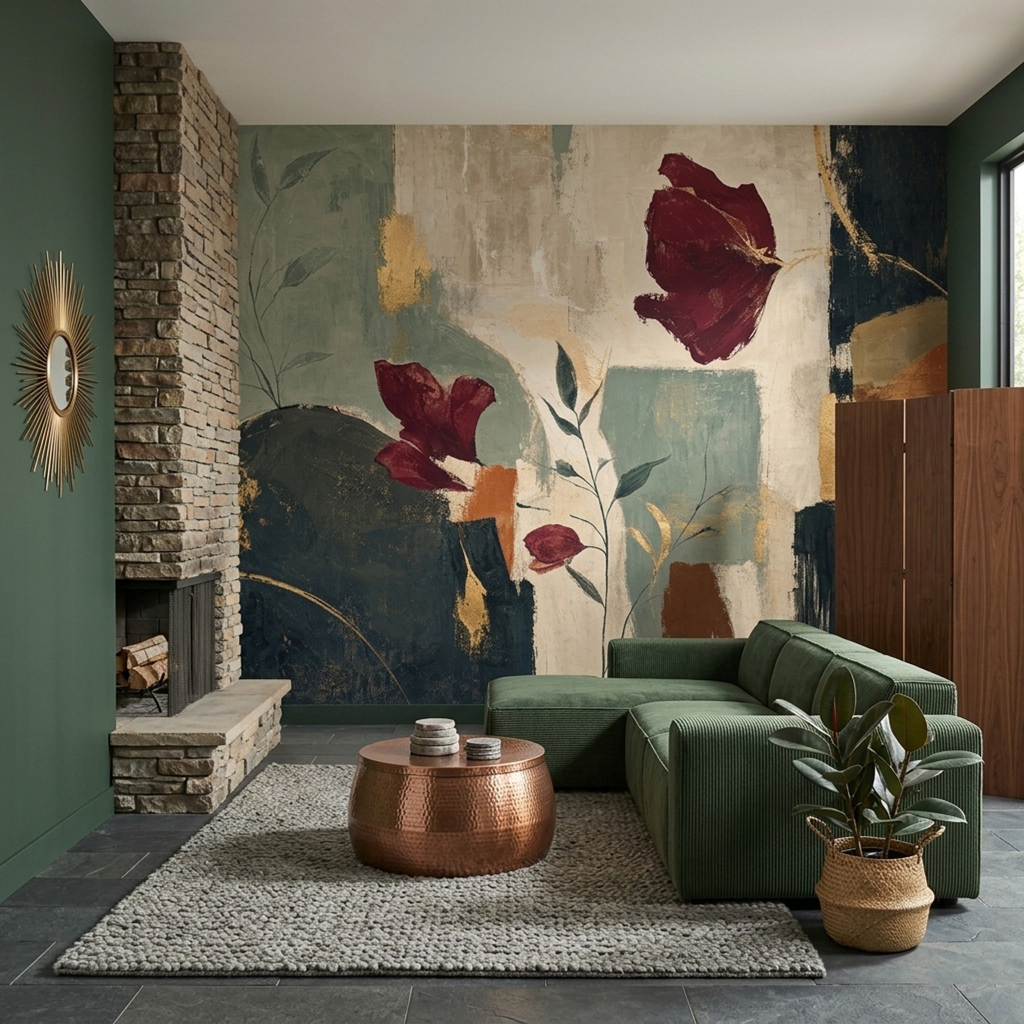 Soyut Çiçekli Poster Duvar Kağıdı Bordo Yeşil Salon