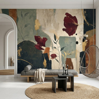 Soyut Çiçekli Poster Duvar Kağıdı Bordo Yeşil Salon