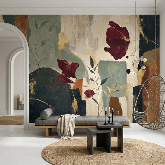 Soyut Çiçekli Poster Duvar Kağıdı Bordo Yeşil Salon