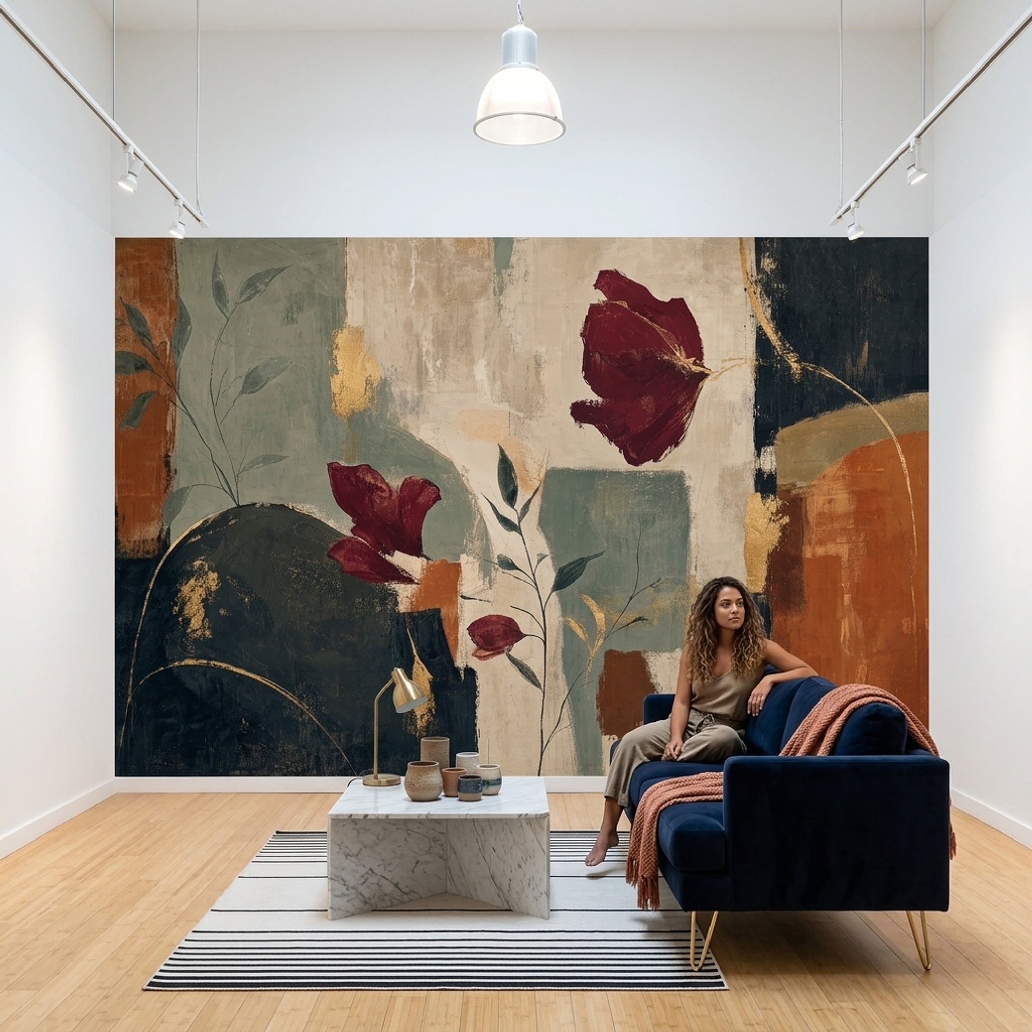 Soyut Çiçekli Poster Duvar Kağıdı Bordo Yeşil Salon