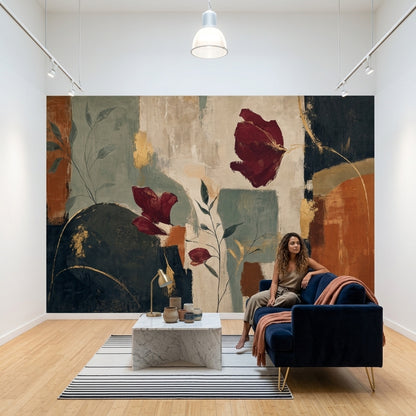 Soyut Çiçekli Poster Duvar Kağıdı Bordo Yeşil Salon