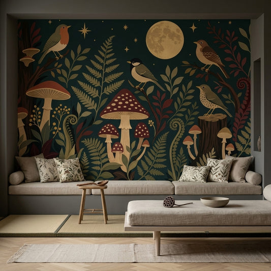 Ay ve Kuşlu Orman Poster Duvar Kağıdı Koyu Yeşil