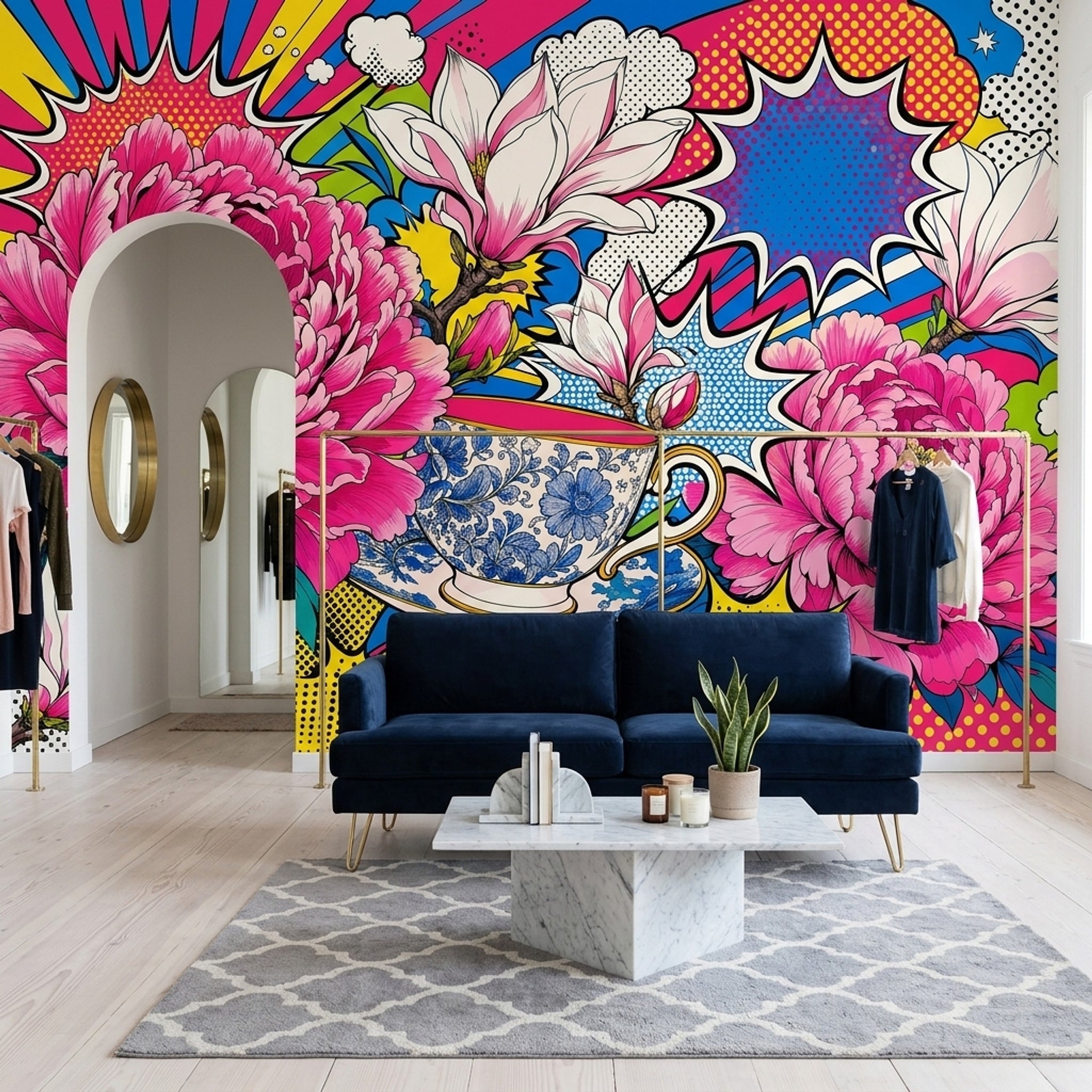 Pop Art Çiçekli Poster Duvar Kağıdı Renkli Salon Duvarı
