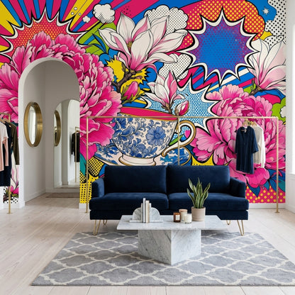 Pop Art Çiçekli Poster Duvar Kağıdı Renkli Salon Duvarı