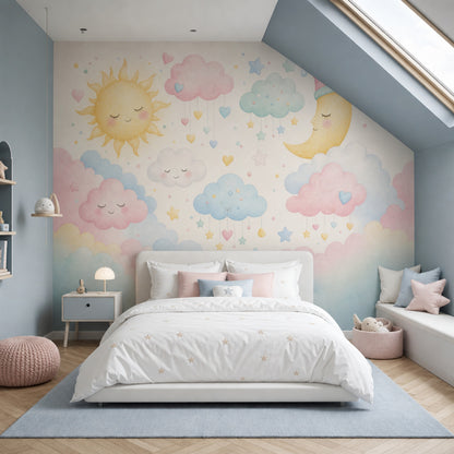 Güneş Ay Bulutlu Poster Duvar Kağıdı Pastel Bebek Odası