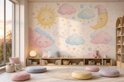 Güneş Ay Bulutlu Poster Duvar Kağıdı Pastel Bebek Odası