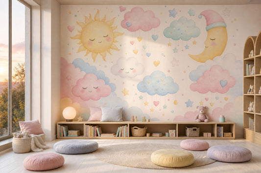 Güneş Ay Bulutlu Poster Duvar Kağıdı Pastel Bebek Odası