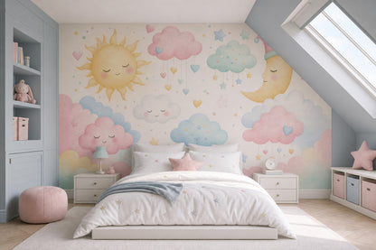 Güneş Ay Bulutlu Poster Duvar Kağıdı Pastel Bebek Odası