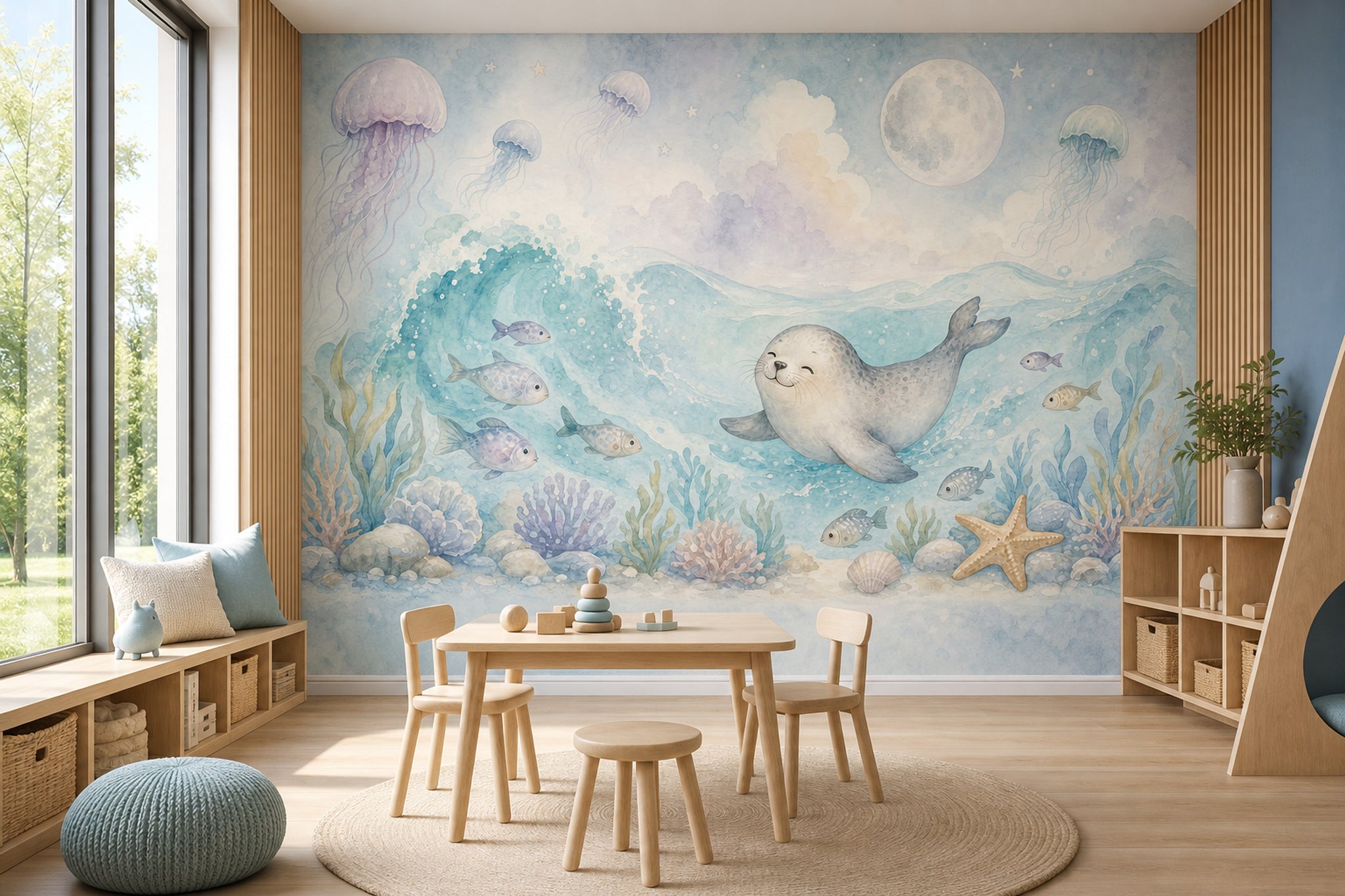 Deniz Canlıları Poster Duvar Kağıdı Pastel Mavi Çocuk Odası