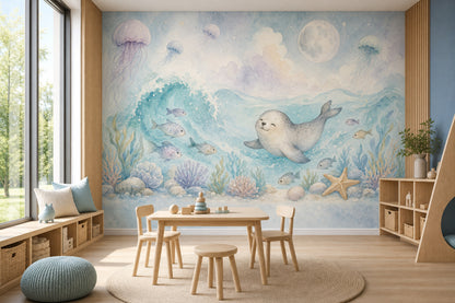 Deniz Canlıları Poster Duvar Kağıdı Pastel Mavi Çocuk Odası