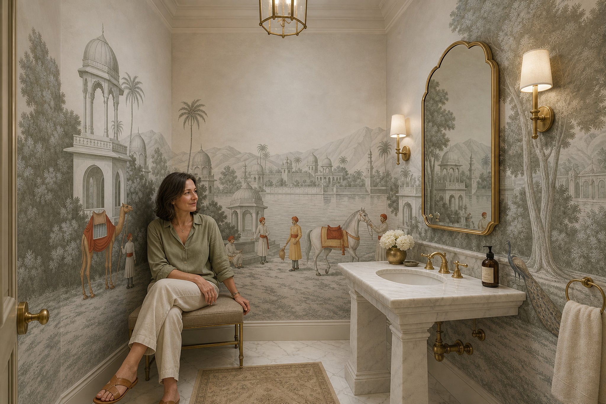 Saray Bahçesi Manzaralı Poster Duvar Kağıdı Bej Klasik Salon