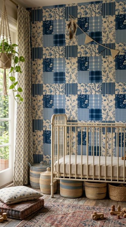 Mavi Kareli Çiçekli Patchwork Duvar Kağıdı Bebek Odası
