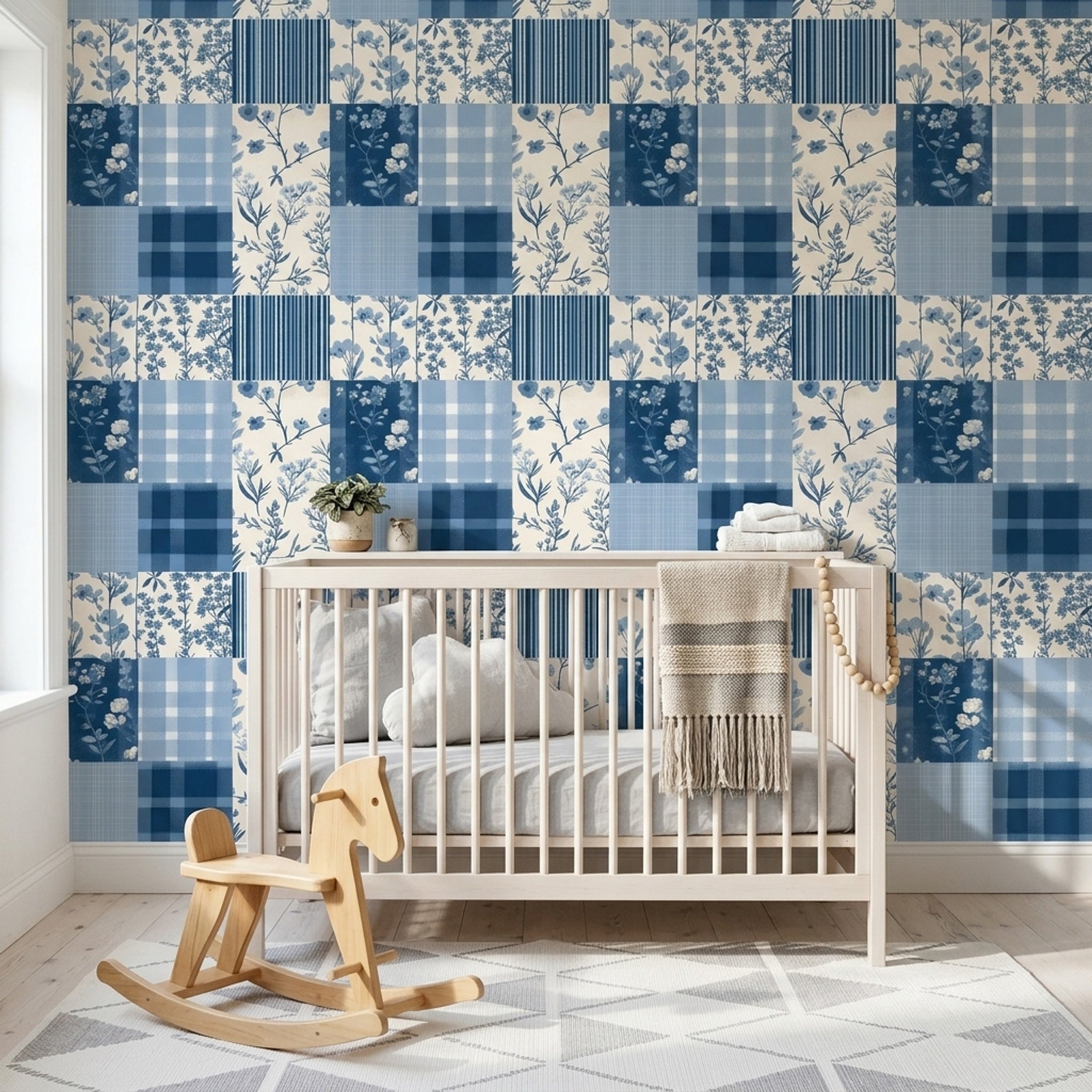 Mavi Kareli Çiçekli Patchwork Duvar Kağıdı Bebek Odası