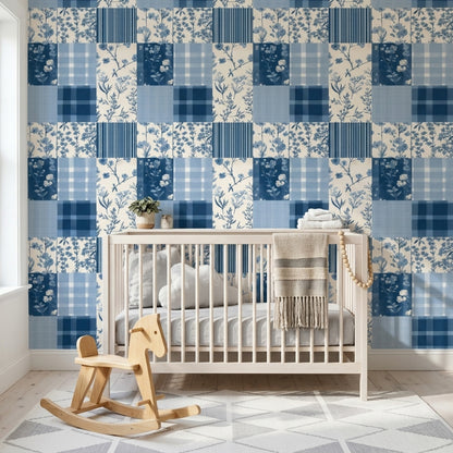 Mavi Kareli Çiçekli Patchwork Duvar Kağıdı Bebek Odası
