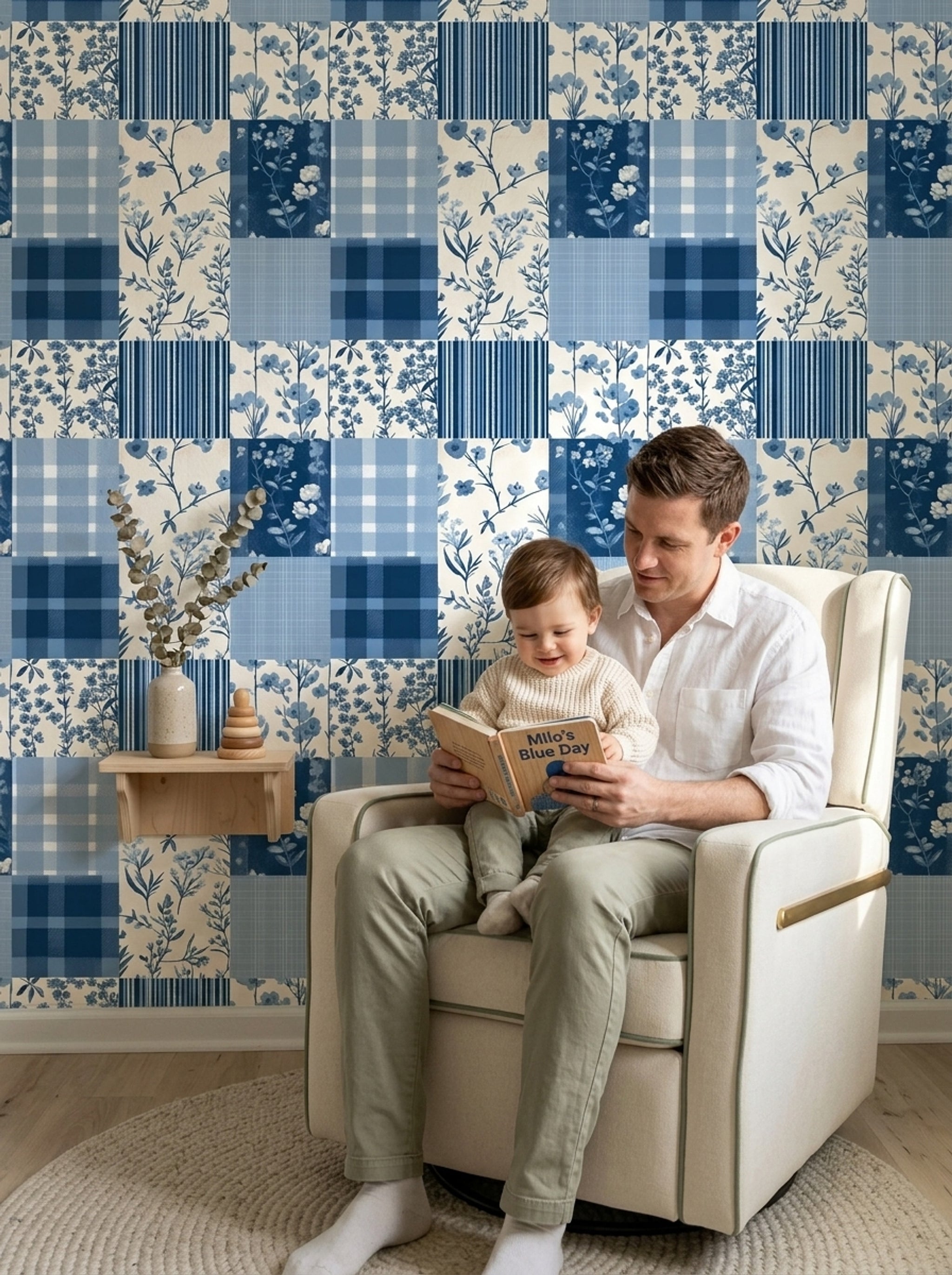 Mavi Kareli Çiçekli Patchwork Duvar Kağıdı Bebek Odası