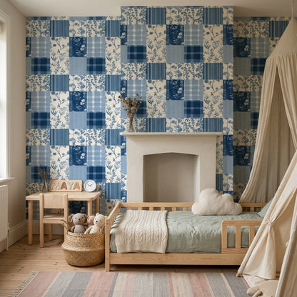 Mavi Kareli Çiçekli Patchwork Duvar Kağıdı Bebek Odası