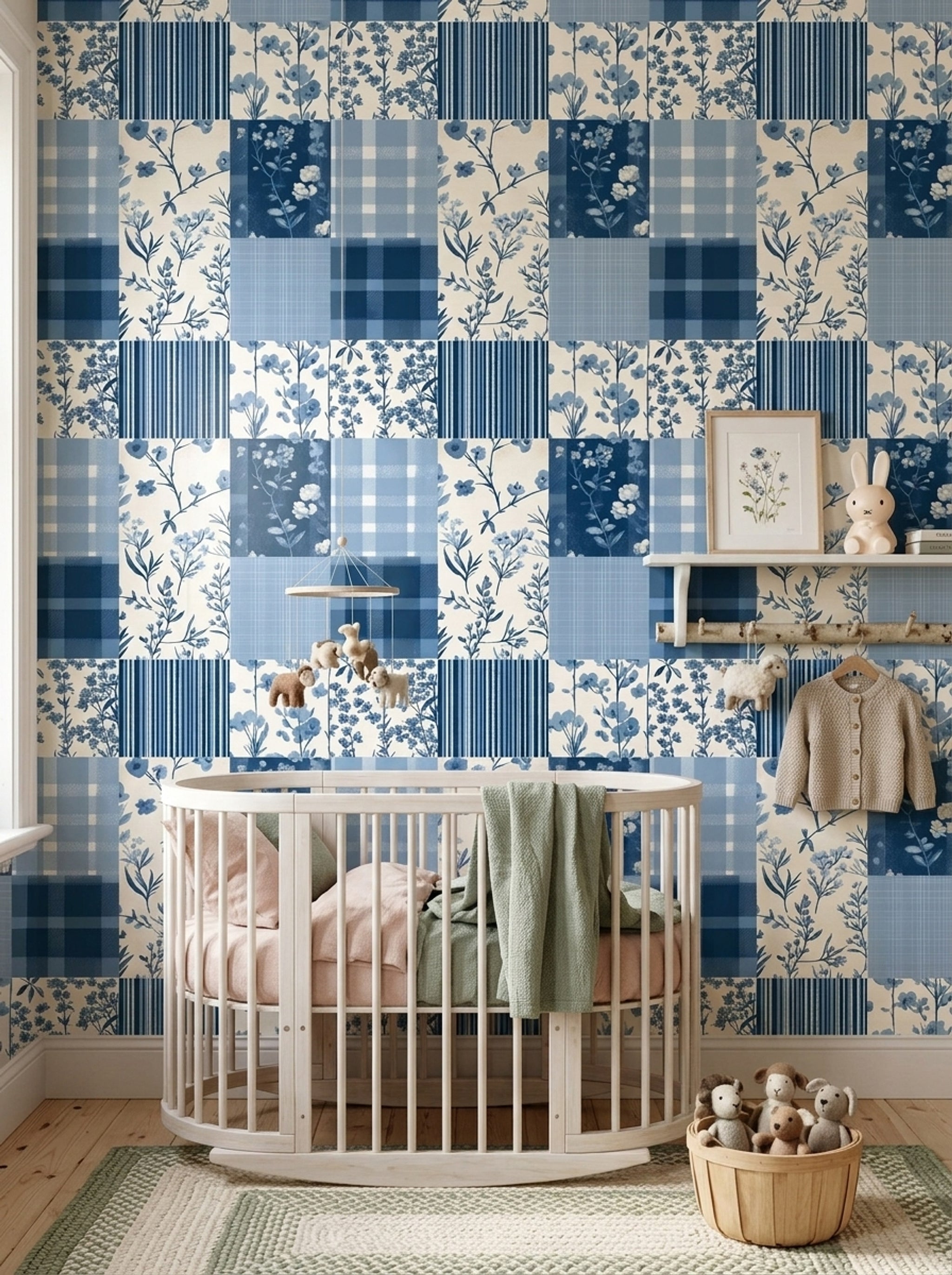Mavi Kareli Çiçekli Patchwork Duvar Kağıdı Bebek Odası