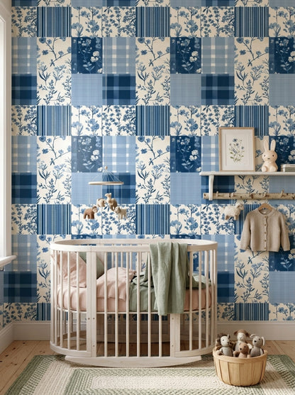 Mavi Kareli Çiçekli Patchwork Duvar Kağıdı Bebek Odası