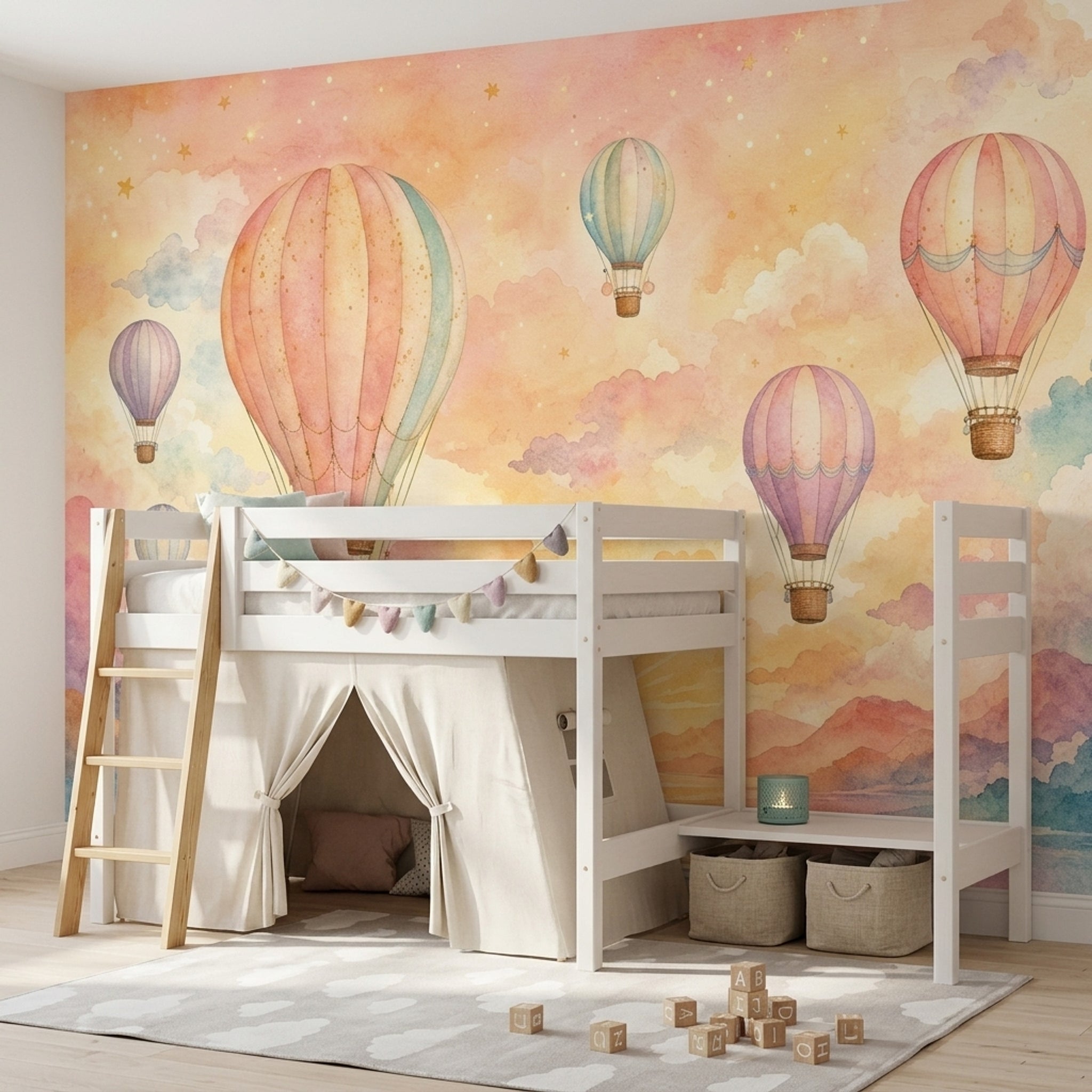 Pastel Sıcak Hava Balonlu Poster Duvar Kağıdı Çocuk Odası