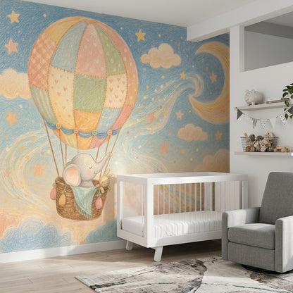 Balonlu Fil Poster Duvar Kağıdı Pastel Mavi Çocuk Odası