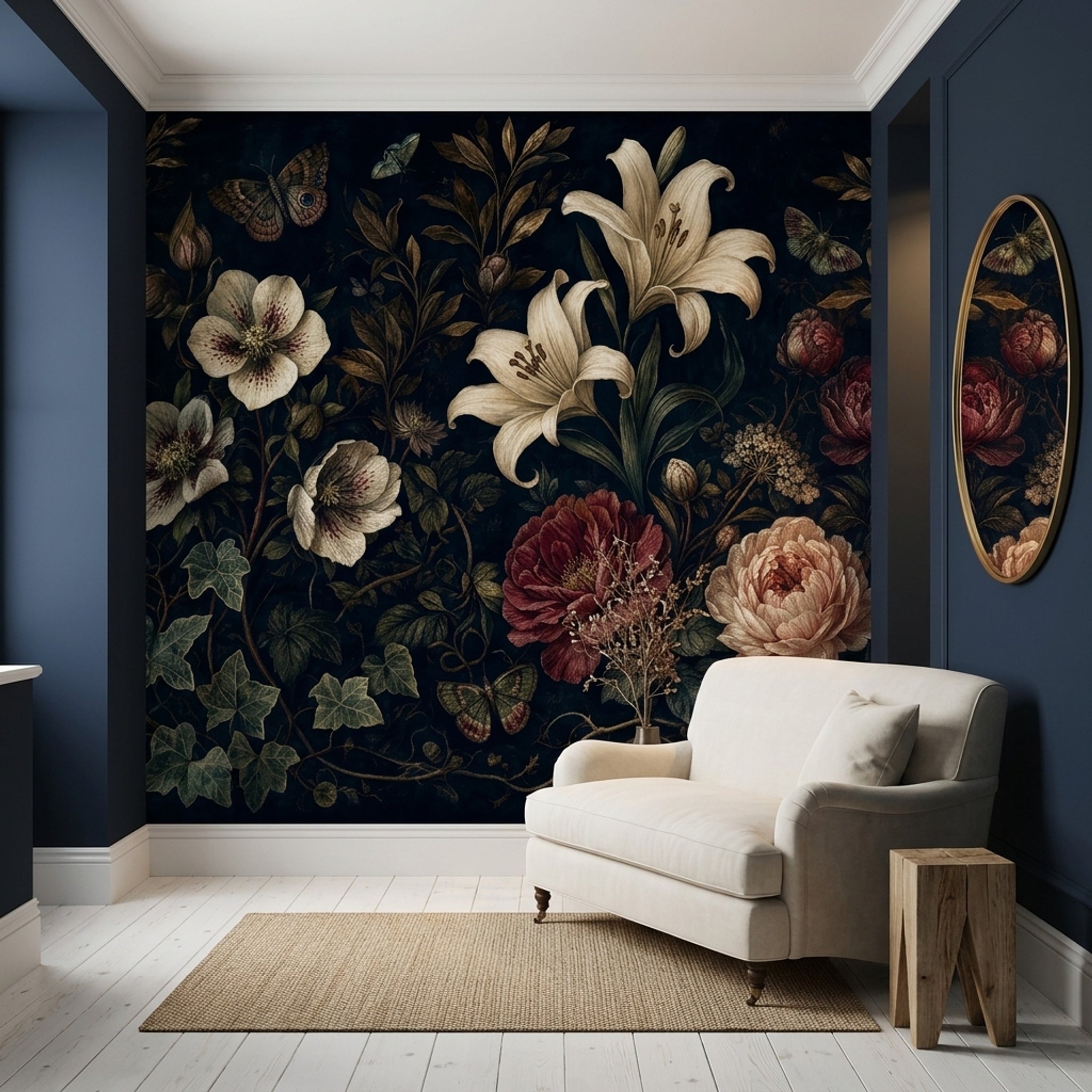Koyu Zeminli Klasik Çiçek Poster Duvar Kağıdı Salon