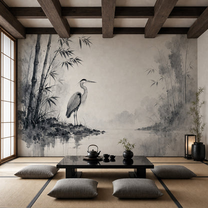 Japon Balıkçıl ve Bambu Poster Duvar Kağıdı Gri Ton