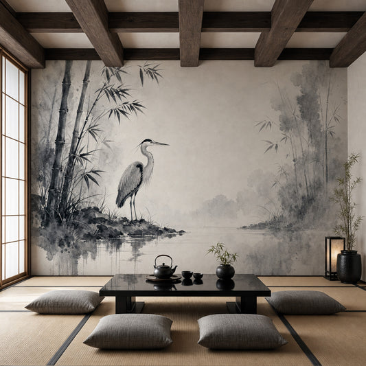 Japon Balıkçıl ve Bambu Poster Duvar Kağıdı Gri Ton