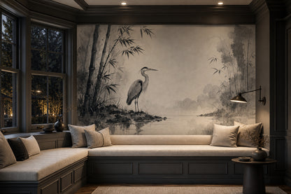 Japon Balıkçıl ve Bambu Poster Duvar Kağıdı Gri Ton
