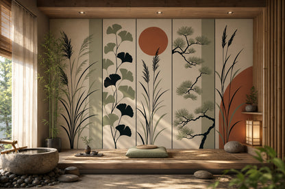 Japon Botanik Poster Duvar Kağıdı Bej Kiremit Salon