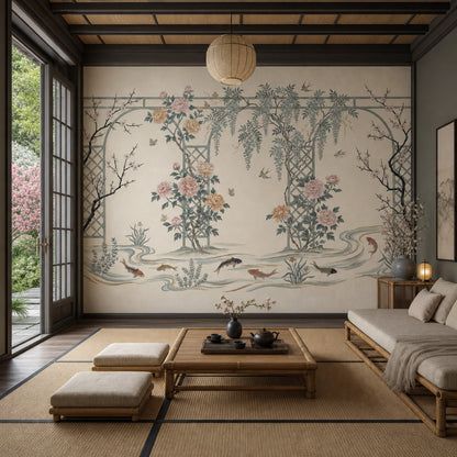 Japon Bahçesi Çiçekli Poster Duvar Kağıdı Bej Salon Duvarı